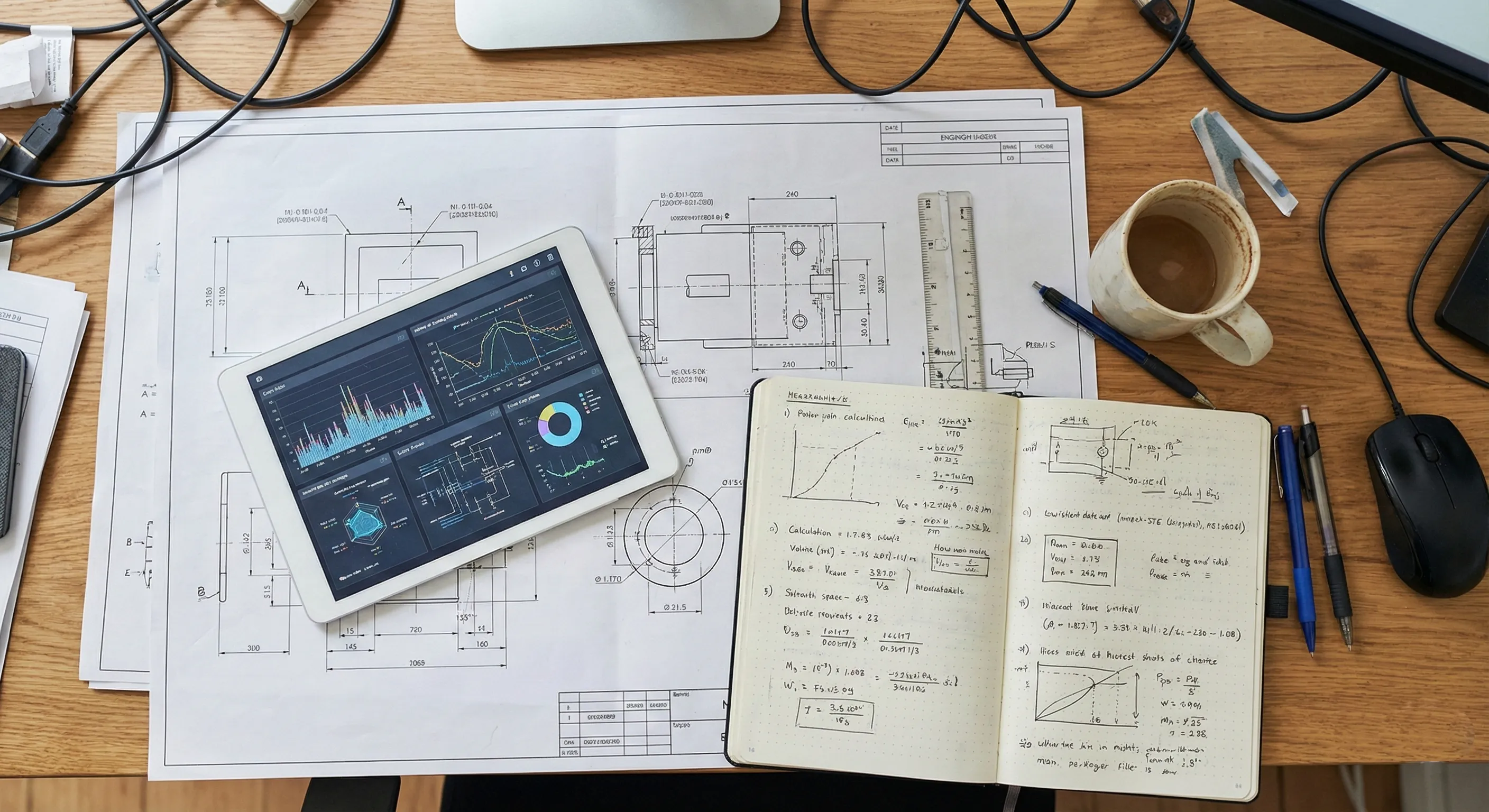 Mesa de trabajo con planos y documentos técnicos